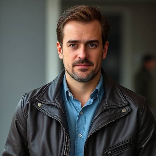 Portrait d'Antoine Moreau, instructeur en cybersécurité. Il est sérieux et porte une veste en cuir.