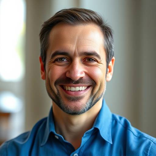 Portrait de Jean-Pierre Martin, instructeur en marketing digital. Il est souriant et porte une chemise bleue.