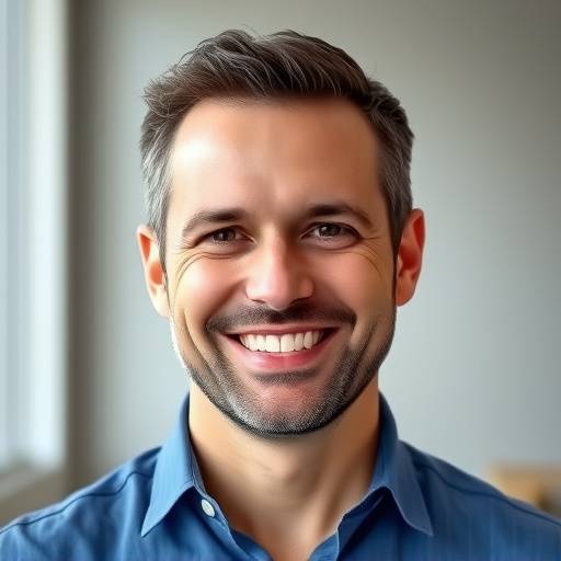 Portrait de Jean-Pierre Martin, instructeur en marketing digital. Il est souriant et porte une chemise bleue.