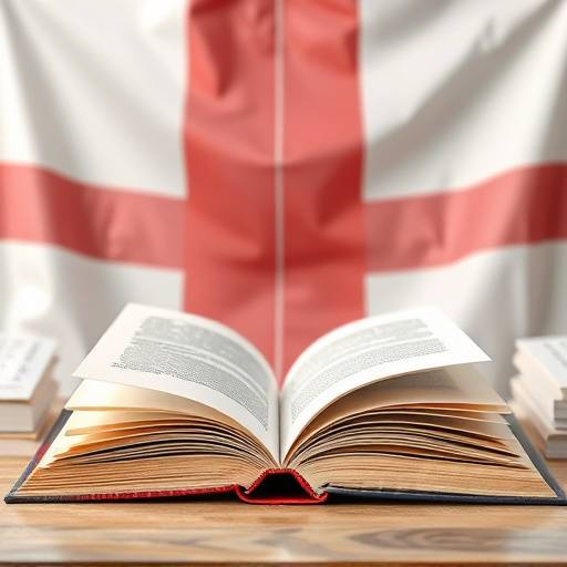 Un livre ouvert avec un drapeau anglais en arrière-plan, représentant un cours d'anglais.
